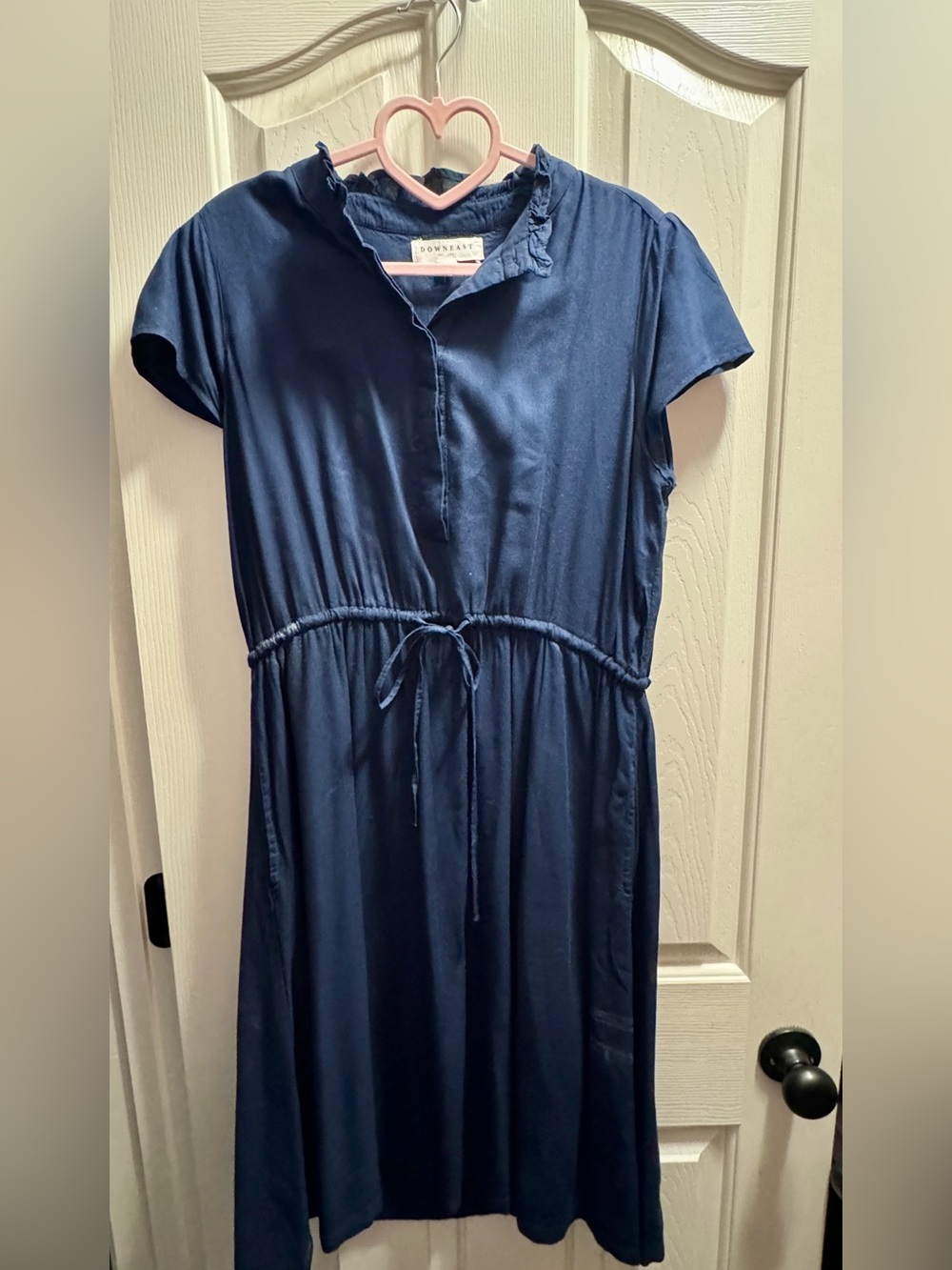 Downeast blue shirtdress features a ruffled collar and a drawstring waist